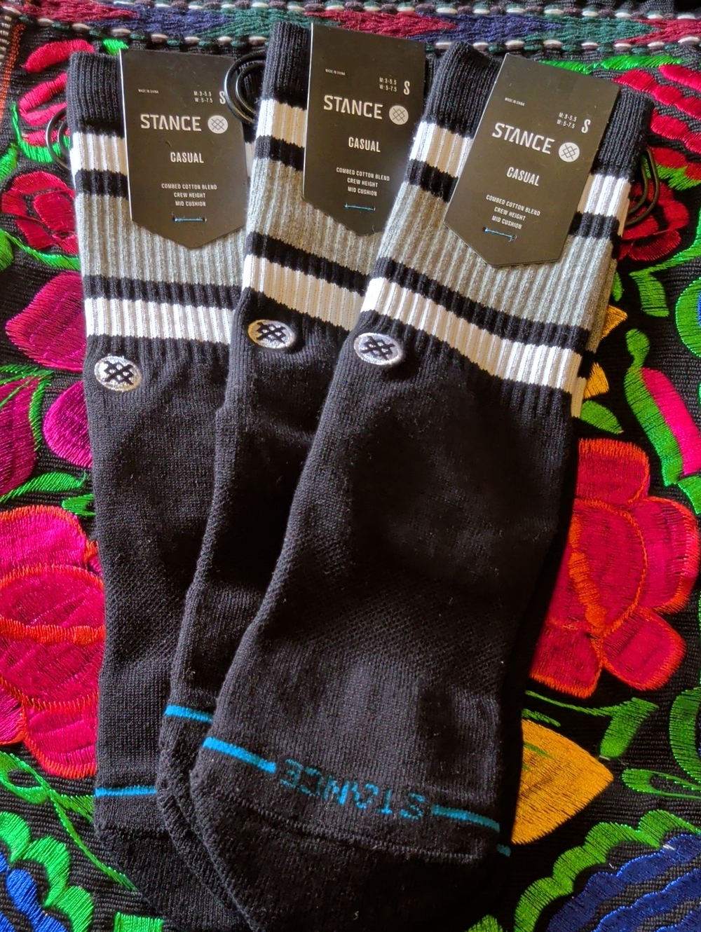 Stance Black Crew Socks with Gray and White Stripes - Pack of 3